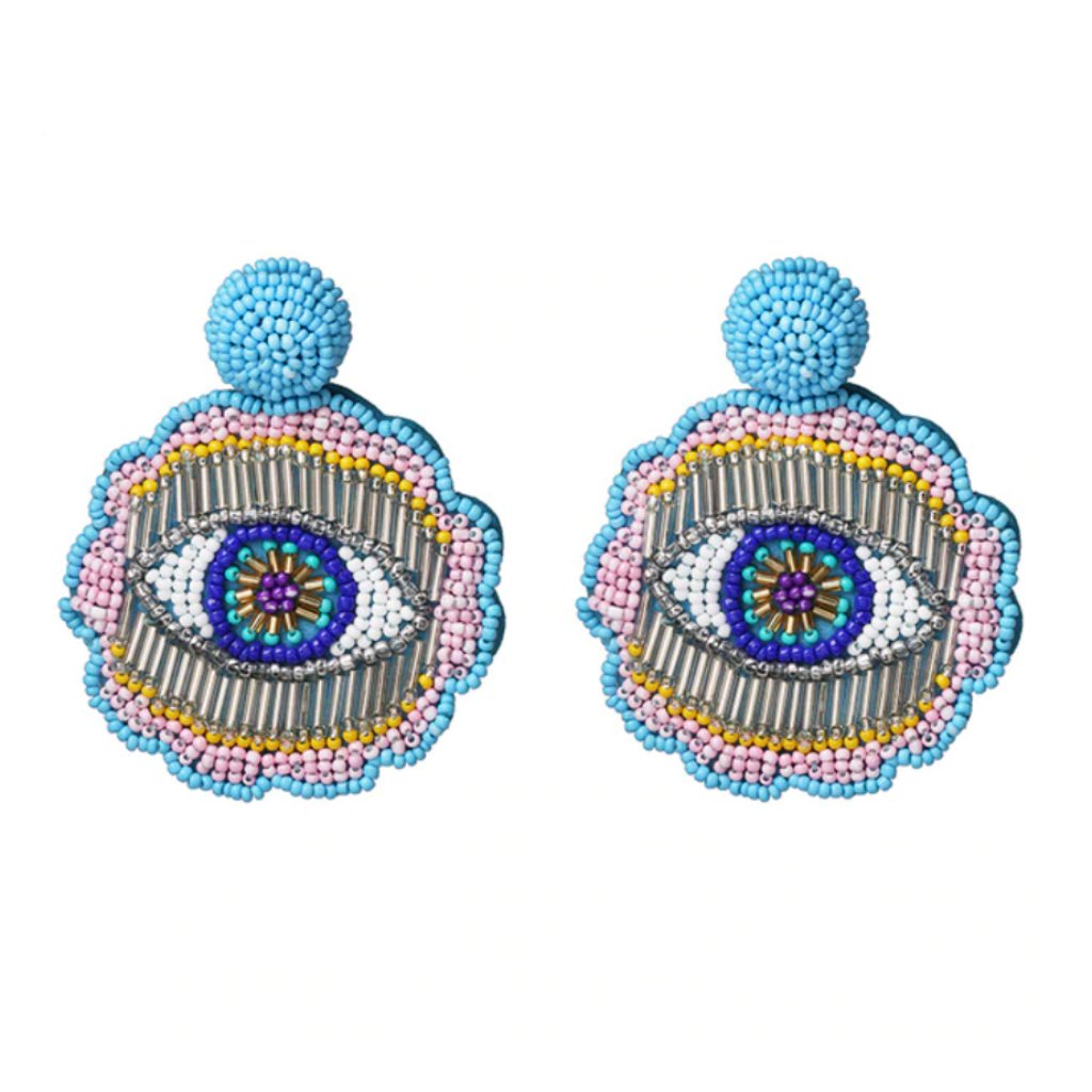 Pink Blue Beaded Evil Eye Flower Drop Earrings 25$